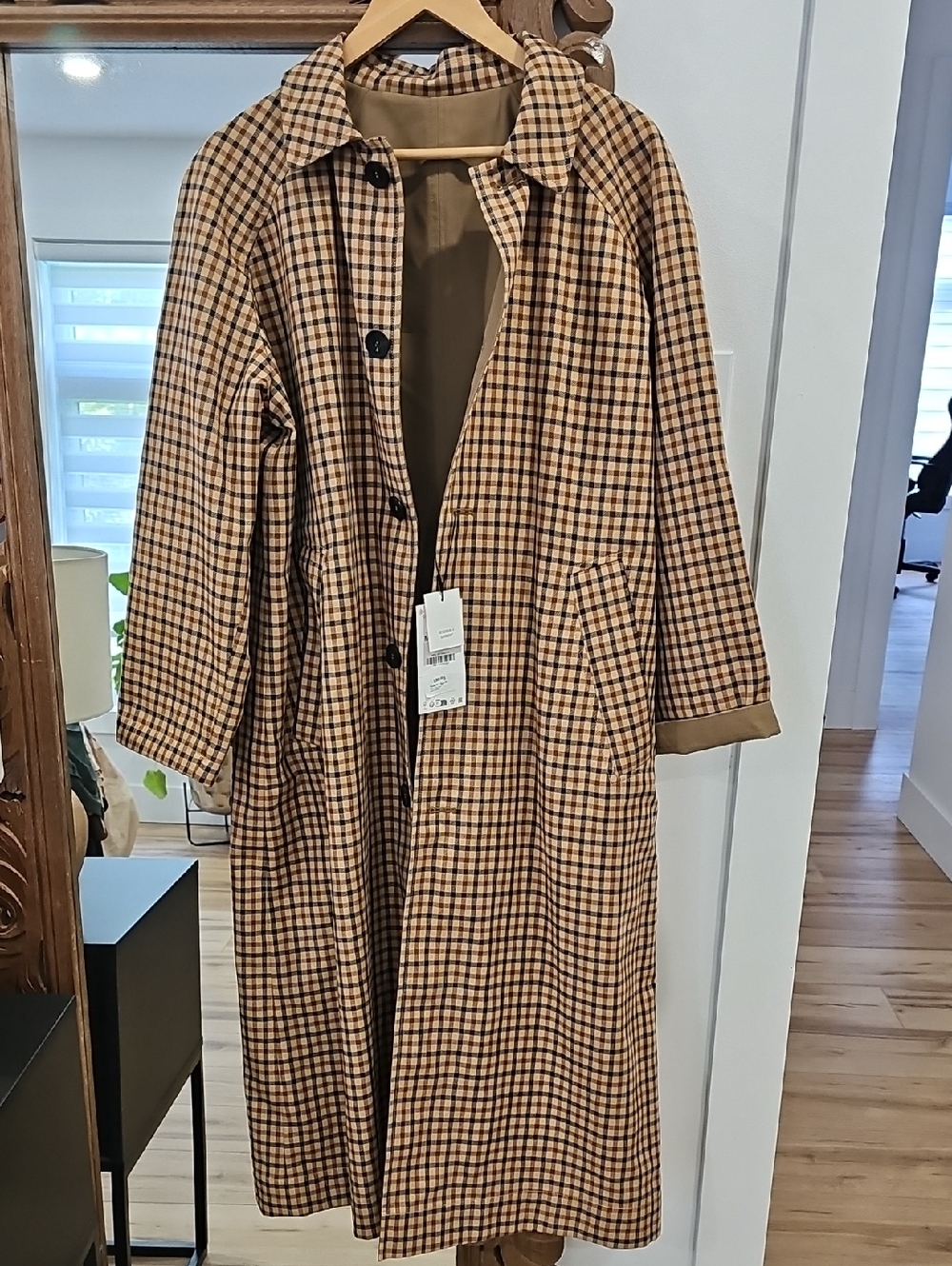 Zara Tan and Black Plaid Trench Coat